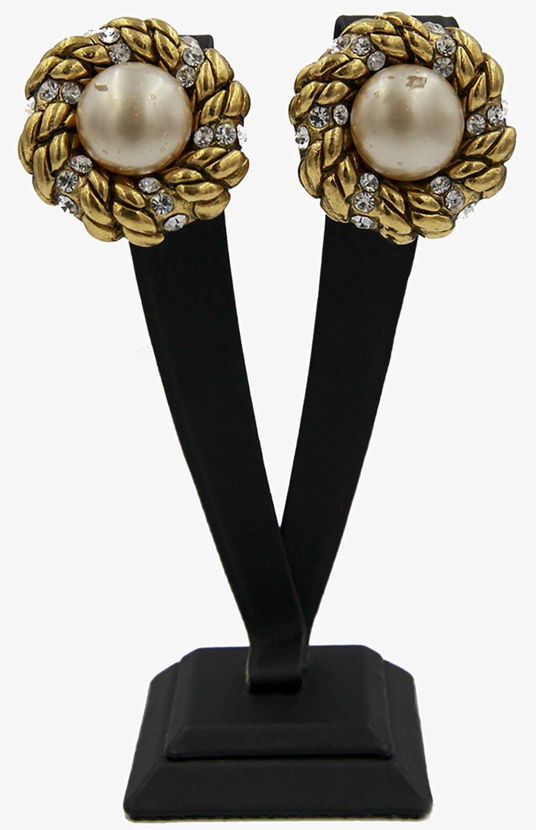 Chanel Vintage Faux Pearl&Crystal Clip-On Earrings,1984-
