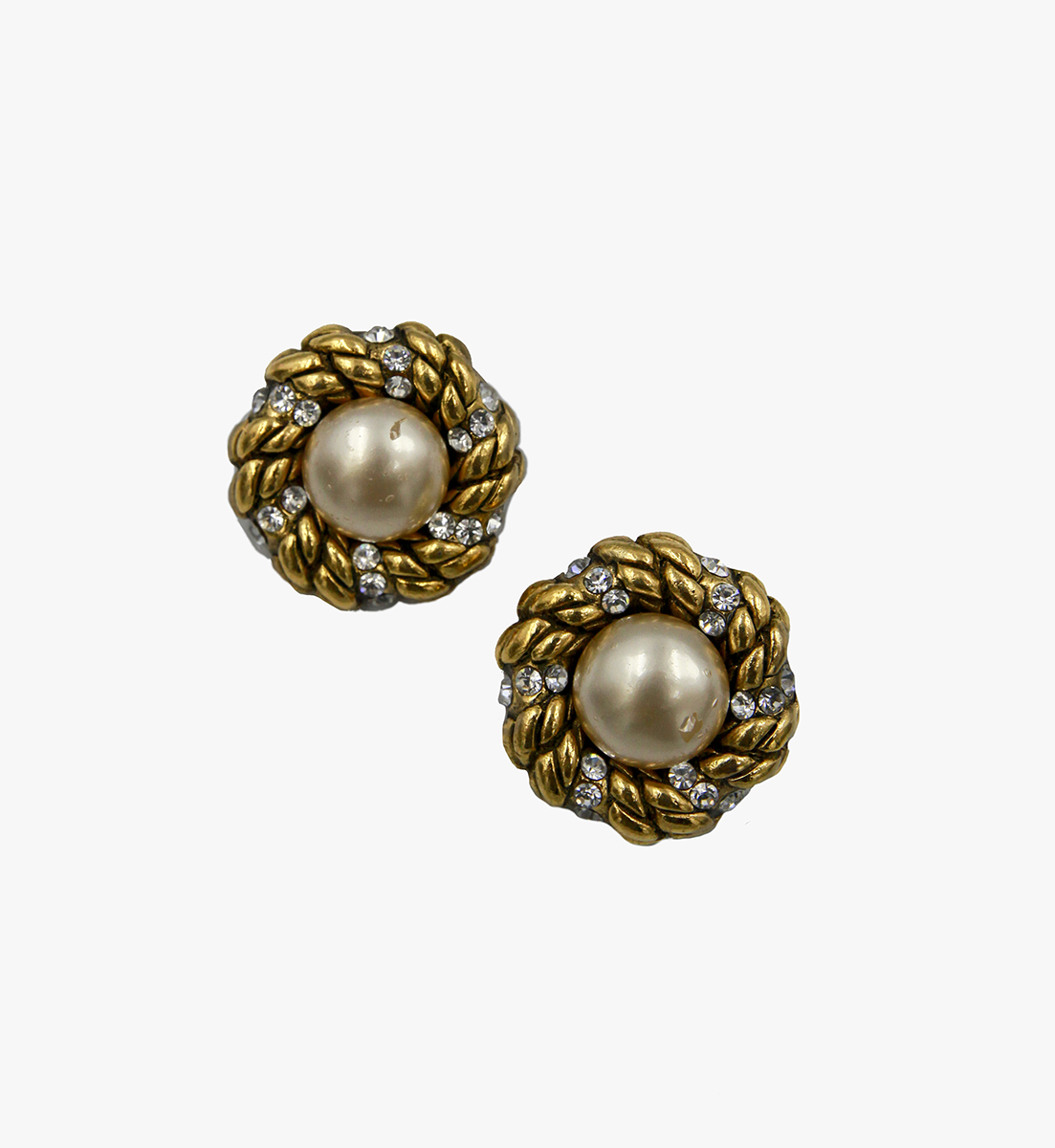 Chanel Vintage Faux Pearl&Crystal Clip-On Earrings,1984-1