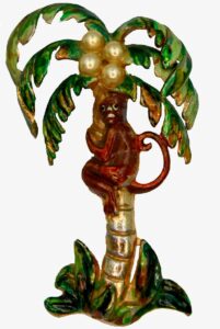 Vintage Coro Enamel Monkey on a Palm Tree Brooch, 1940s