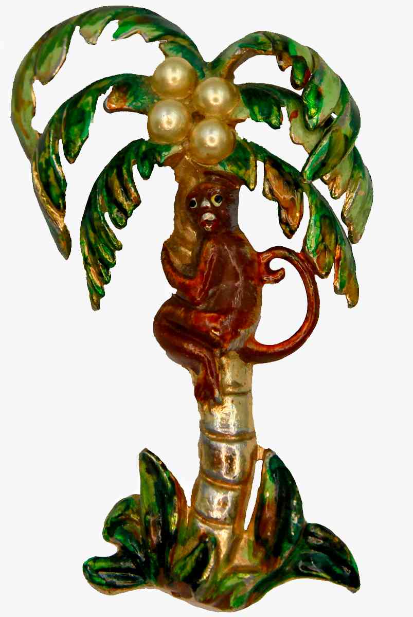 Coro Enamel Monkey on a Palm Tree Brooch, 1940s