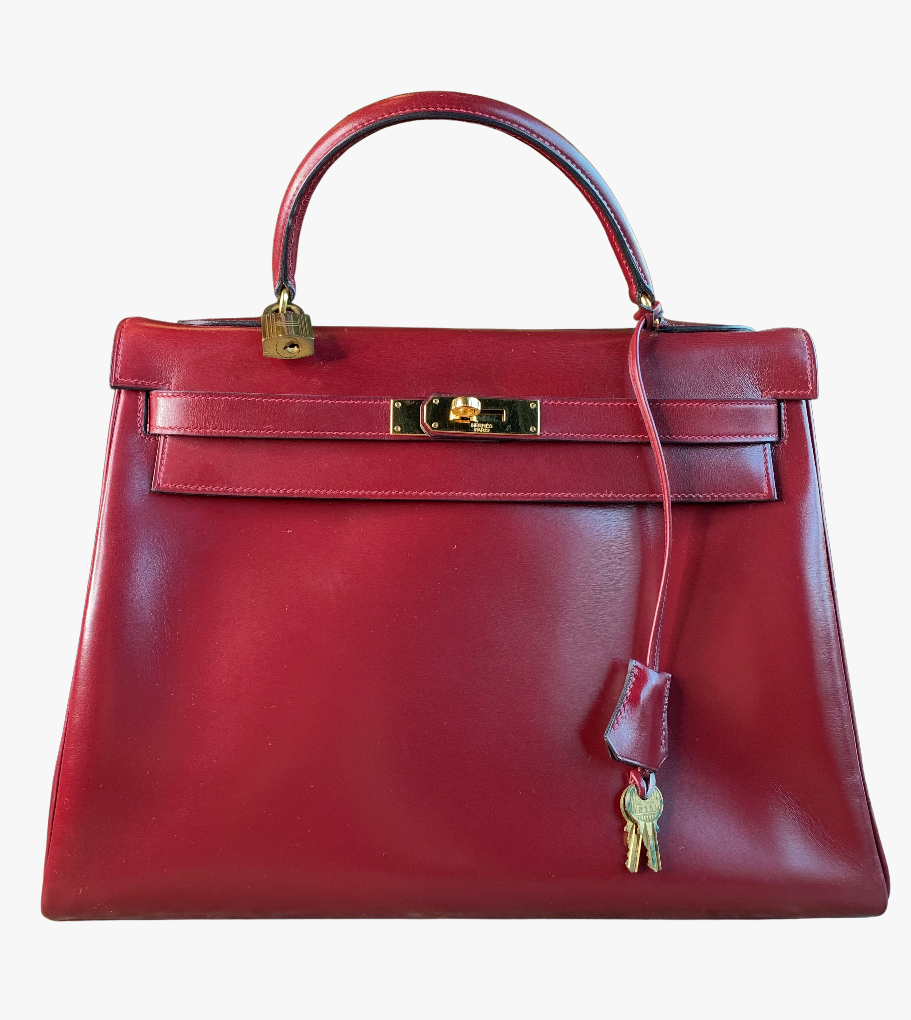 Vintage Hermes Kelly Bag In Burgundy Box Leather, 1976-