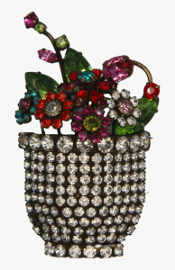 Dorothy Bauer Flowerpot Vintage Brooch Decorated With Rhinestones, 1980S