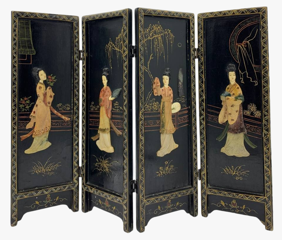 Vintage Mid Century Chinese Four-Panel Lacquered Decorative Folding Screen,1950S-