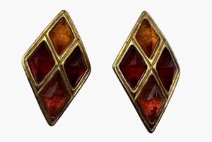 Vintage Signed Les Bernard Rhombus Gold Tone Orange Cabochon Lucite Earrings, 1980