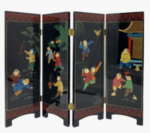 Vintage Mid Century Chinese Four-Panel Lacquered Decorative Folding Screen,1960S