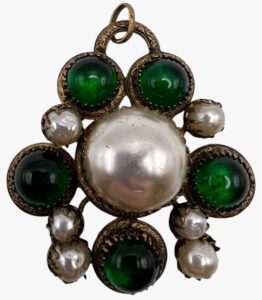 Vintage Byzantine Style Faux Pearls and Green Cabochons Brooch, 1960s