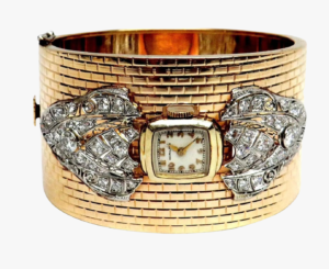 Vintage Hamilton Watch in 14k Gold and Diamond Cuff Bracelet, 1950s