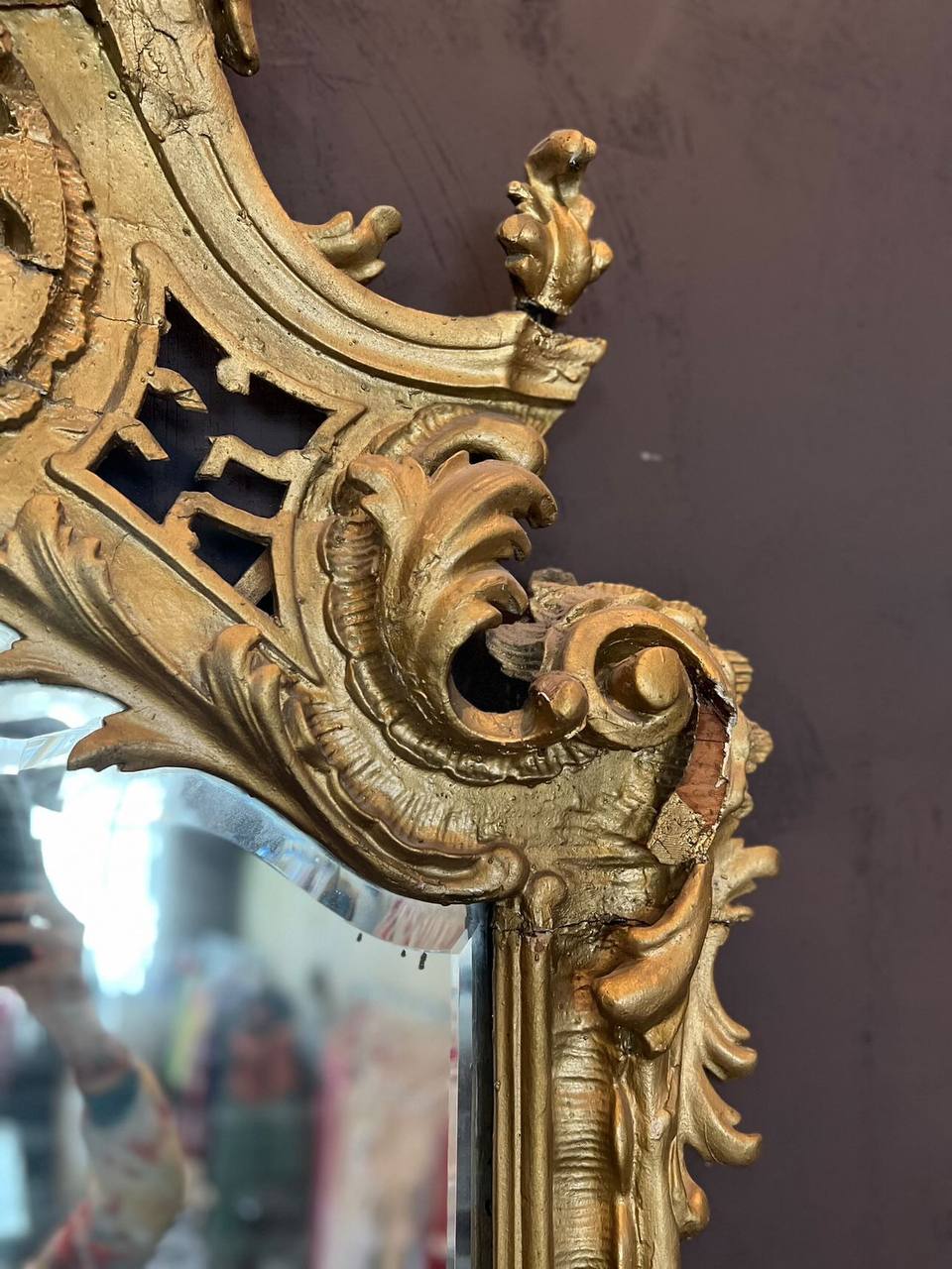 Antique Large Golt-tone Carved Mirror-4