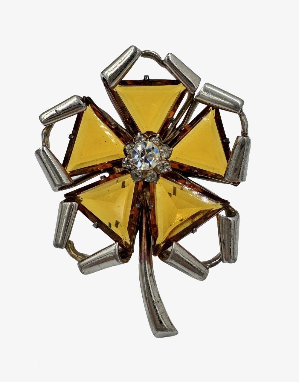 Antique metal and glass flower fur brooch