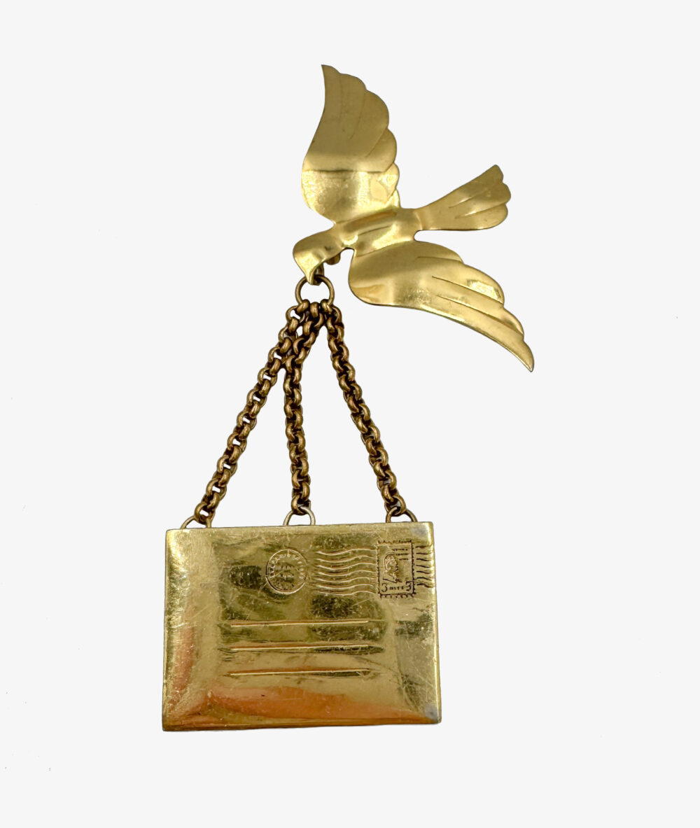 Vintage brooch dove with a letter